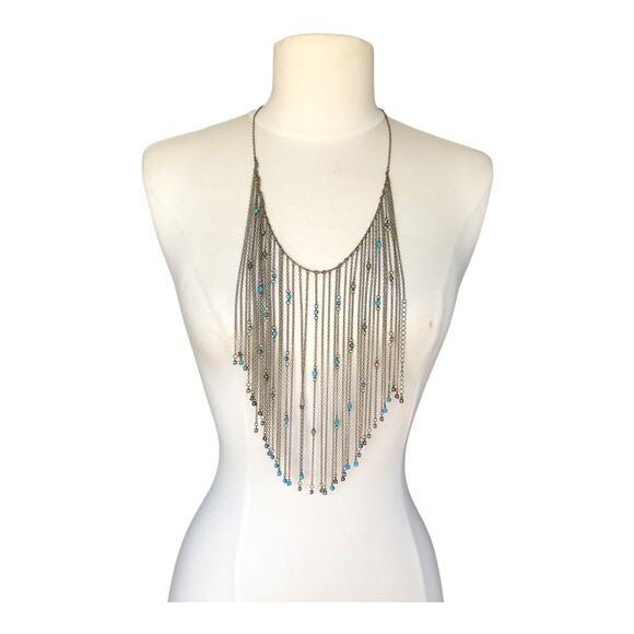 CN Signed Boho Statement Fringe Bib Necklace Blue Crystals with Lobster Clasp - Picture 1 of 6